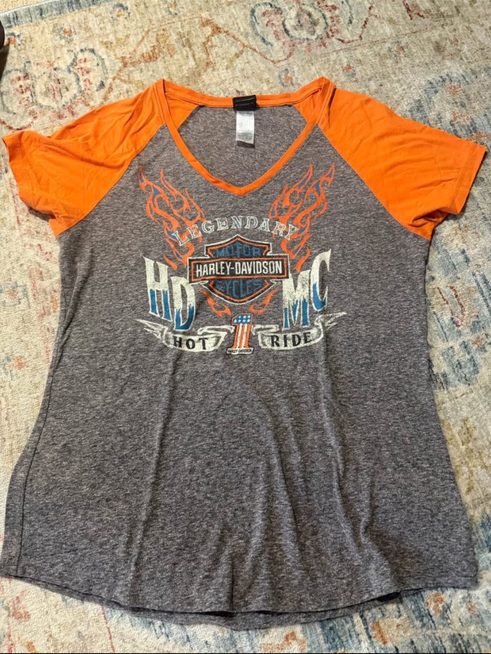 Harley-Davidson Gray V-Neck Tee with Orange Raglan Sleeves